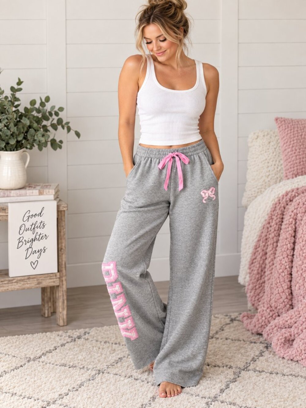 PINK x LoveShackFancy Gray Wide Leg Sweatpants M Long Bow